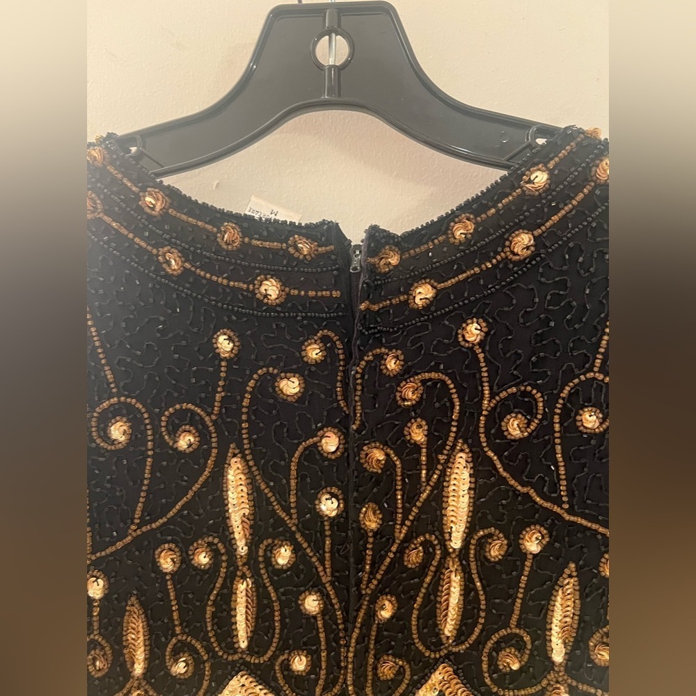 VINTAGE Size M LAWRENCE KAZAR black gold sequin cocktail dress with slit - Picture 3 of 16